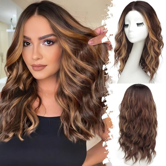 Brown Highlight Long Wavy Wig for Women, Pre-Cut HD Lace Natural Hairline 18" - Picture 1 of 5